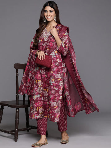 Varanga Women Maroon Floral Printed  Embroidered Kurta Paired With Bottom And Dupatta